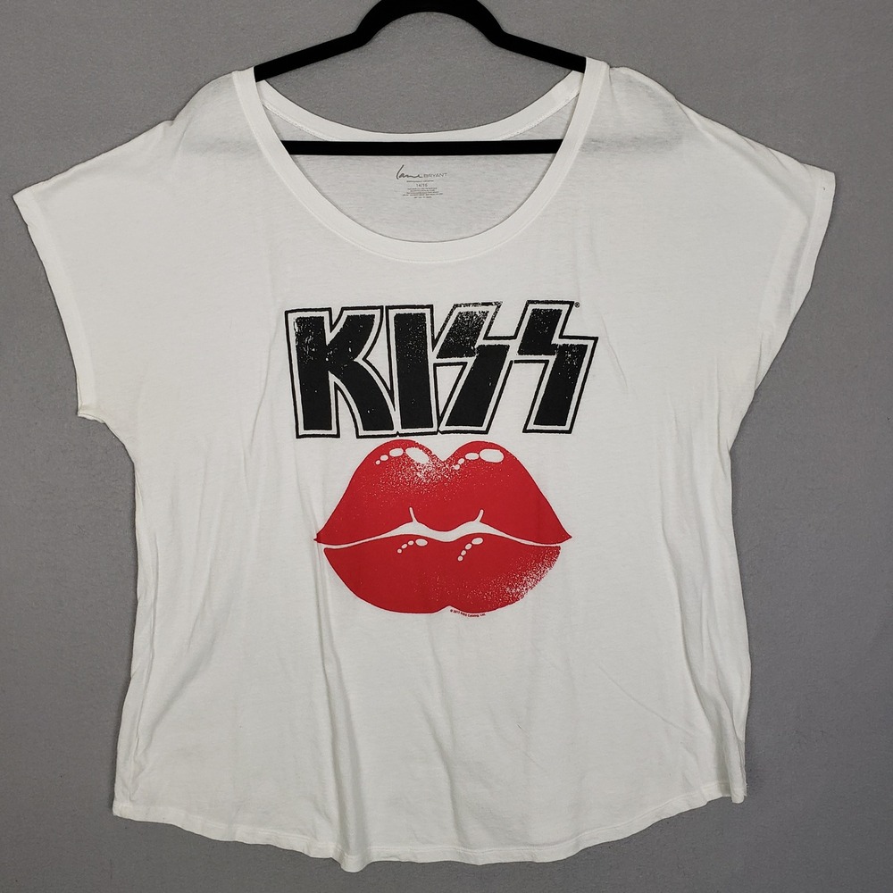 Lane Bryant Plus Size 14/16 Kiss Band Tee Shirt White Red Lips Logo Retro 70s